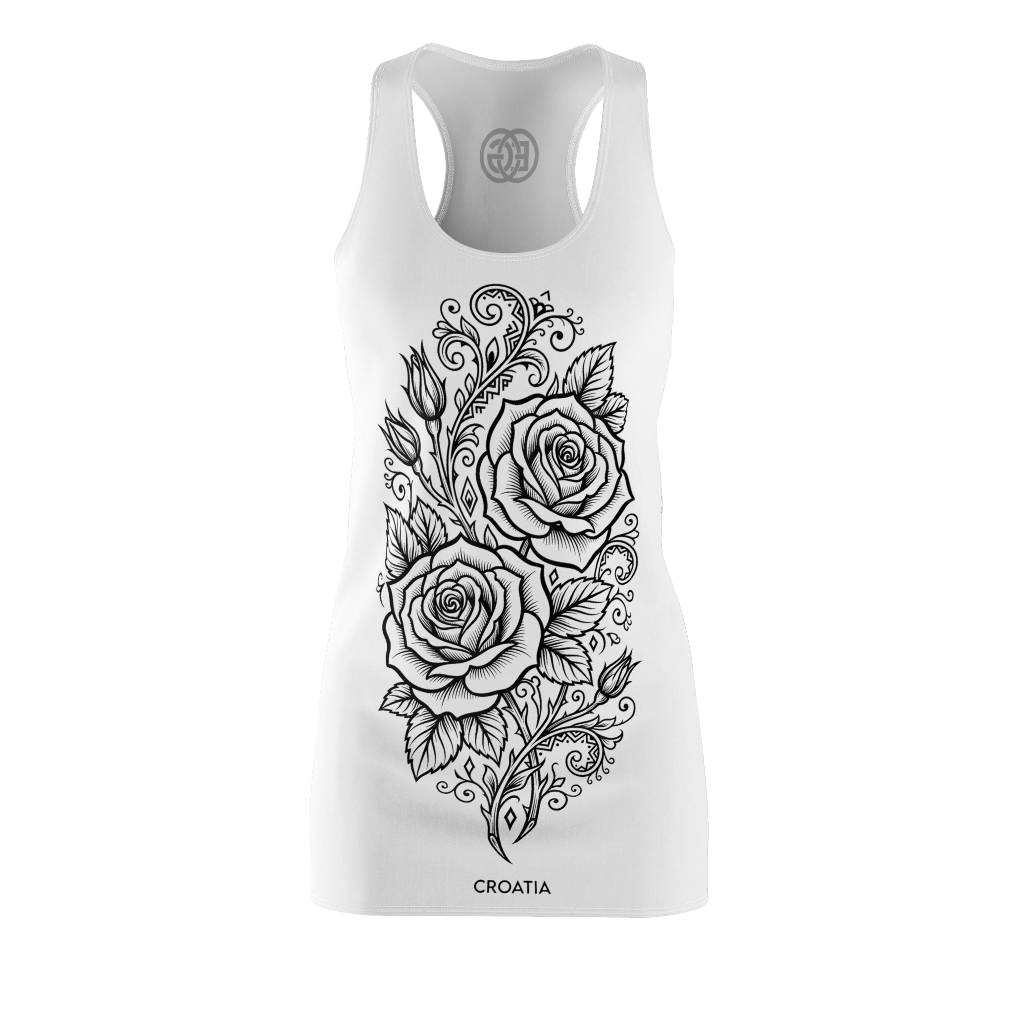 EuroGirl Croatia Rose Racerback Dress — Floral Tattoo-Style AOP Sundress