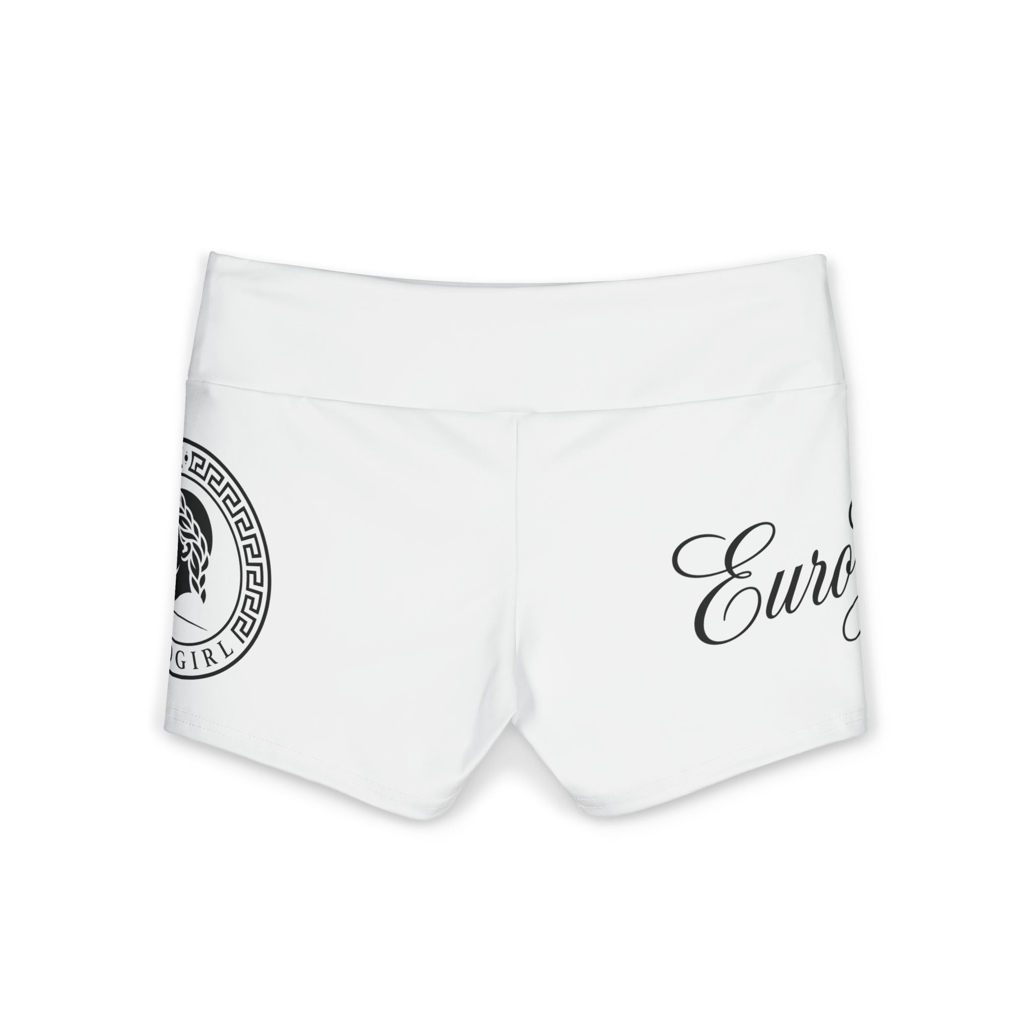 EuroGirl White Hot Spring 2026  Yoga Shorts — White Script & Medallion Print