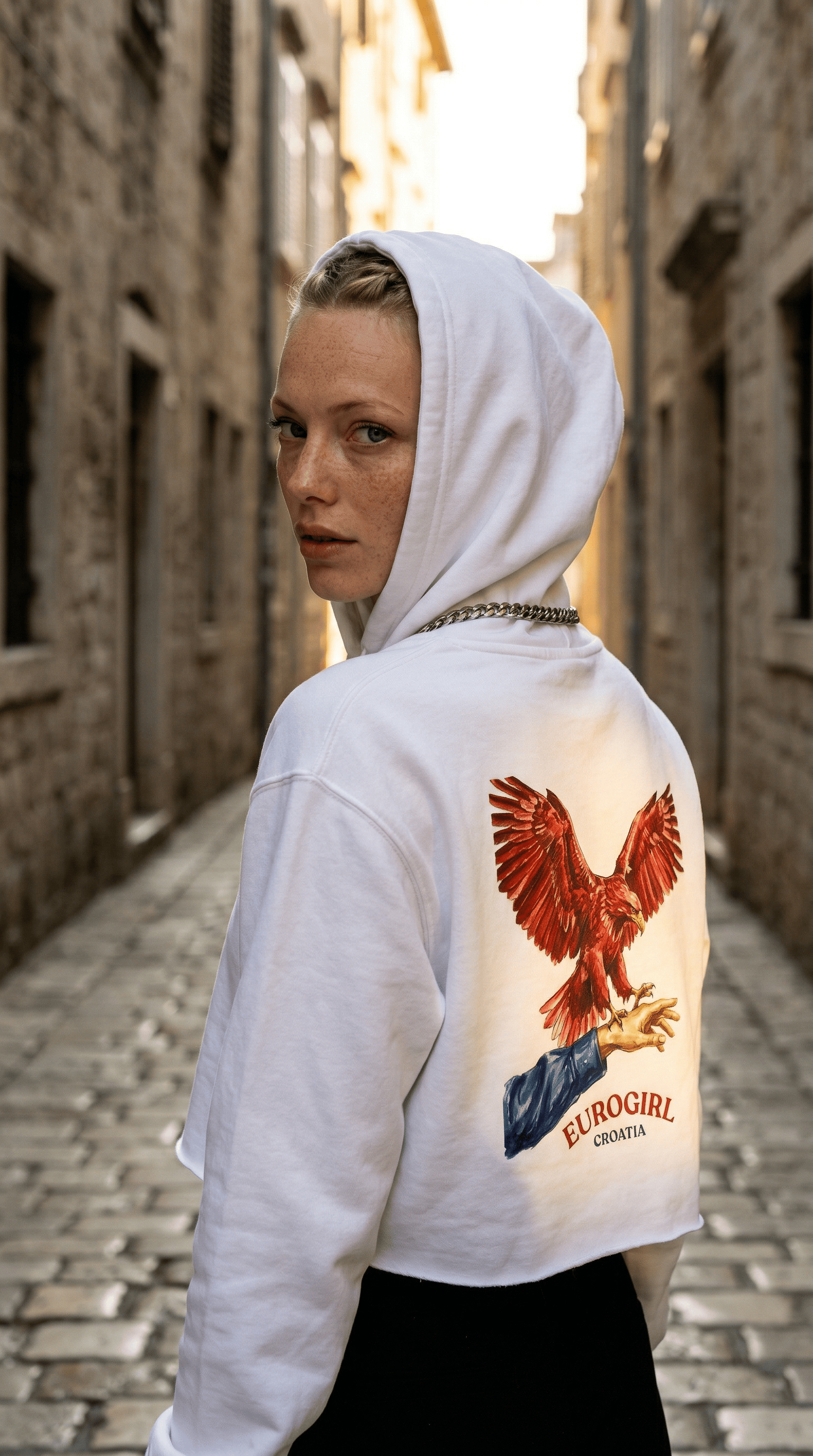 Printify Hoodie Euro Girl Red White and Blue Crop
