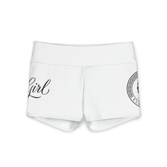 EuroGirl White Hot Spring 2026  Yoga Shorts — White Script & Medallion Print