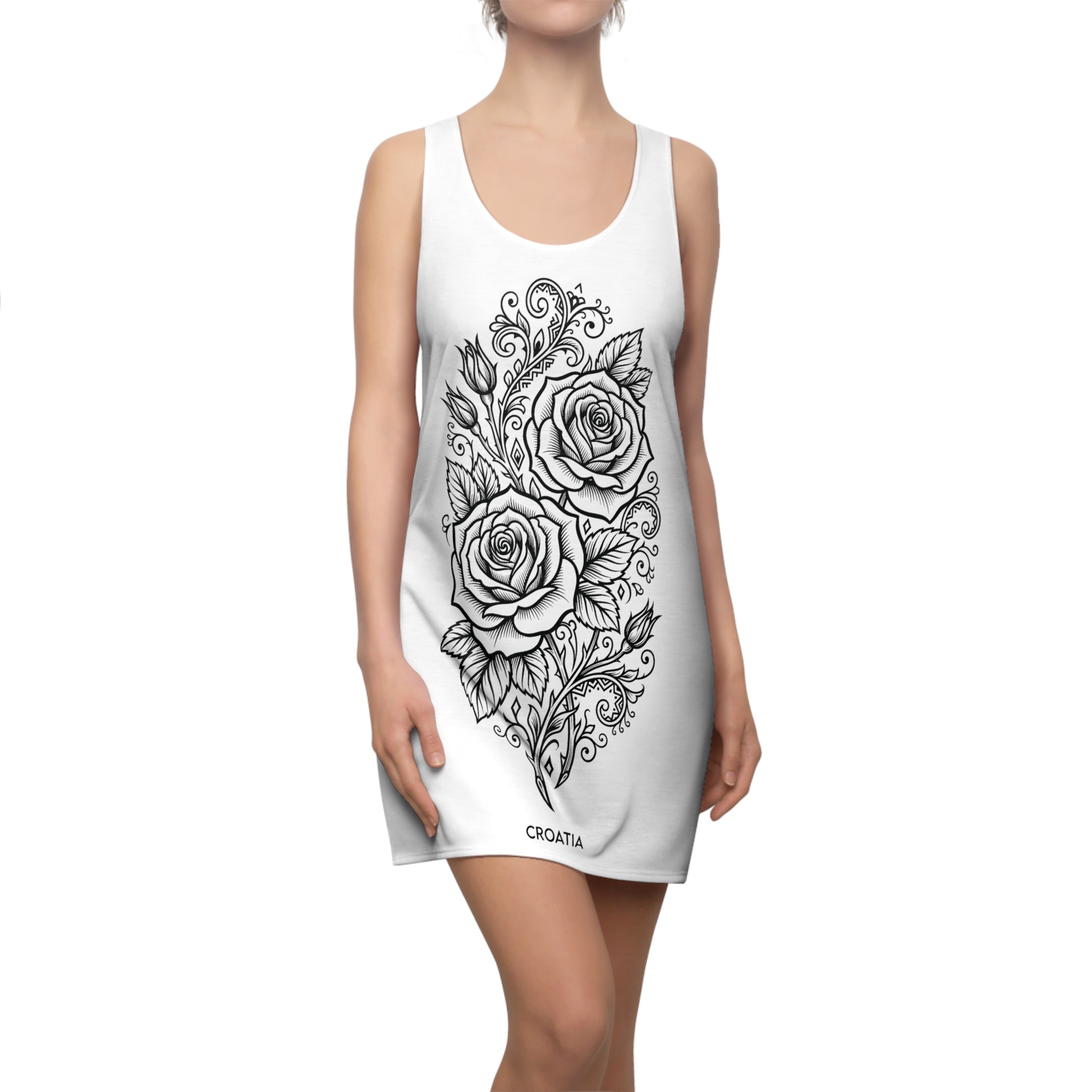 EuroGirl Croatia Rose Racerback Dress — Floral Tattoo-Style AOP Sundress