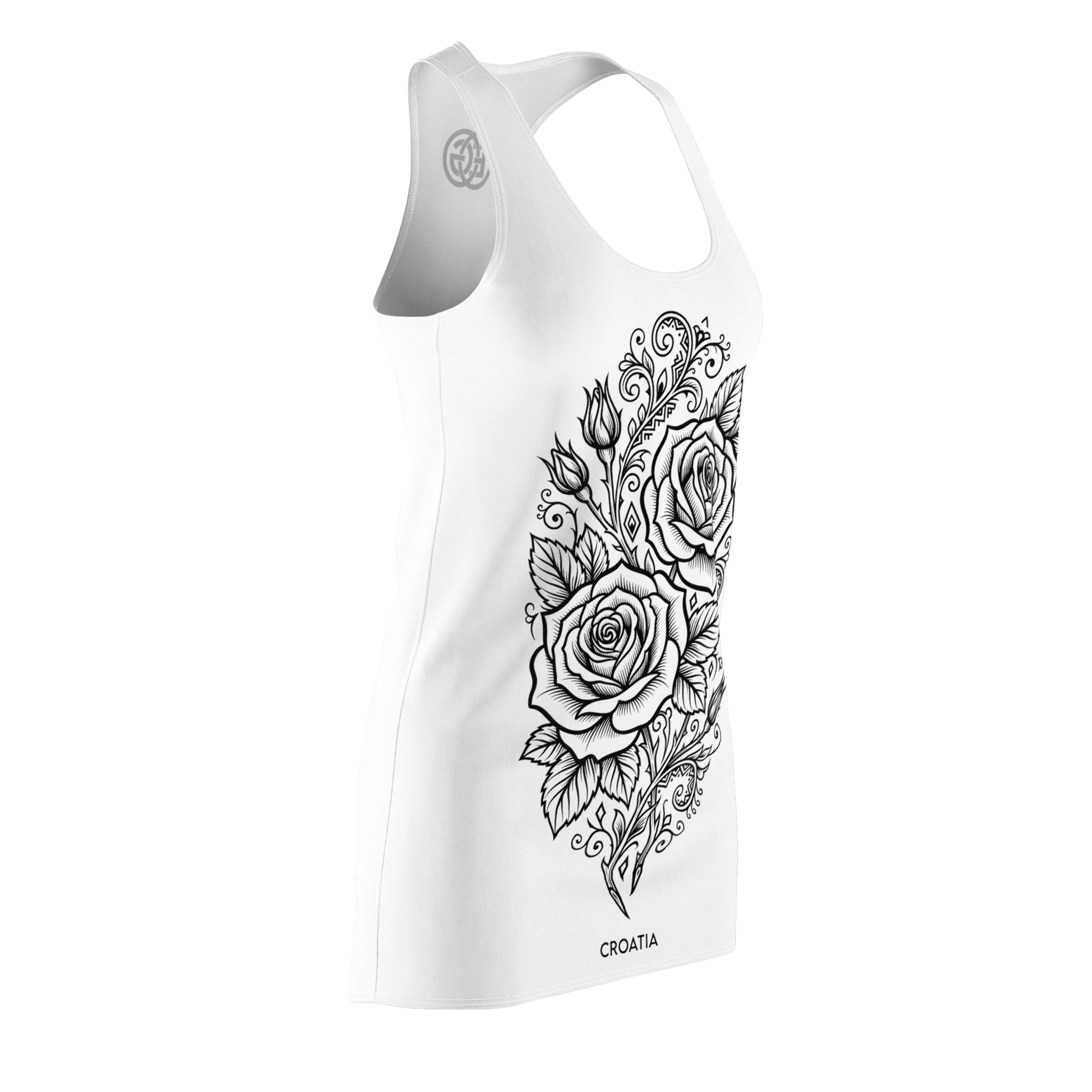 EuroGirl Croatia Rose Racerback Dress — Floral Tattoo-Style AOP Sundress